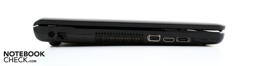 lewy bok: gniazdo zasilania, VGA, HDMI, eSATA/USB, ExpressCard/34