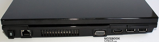 lewy bok: blokada Kensingtona, LAN, wylot wentylacji, D-Sub/VGA, HDMI, ExpressCard/34, 2x USB
