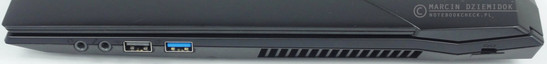 prawy bok: gniazdo słuchawkowe, gniazdo mikrofonowe, USB 2.0, USB 3.0, wylot powietrza z układu chłodzenia