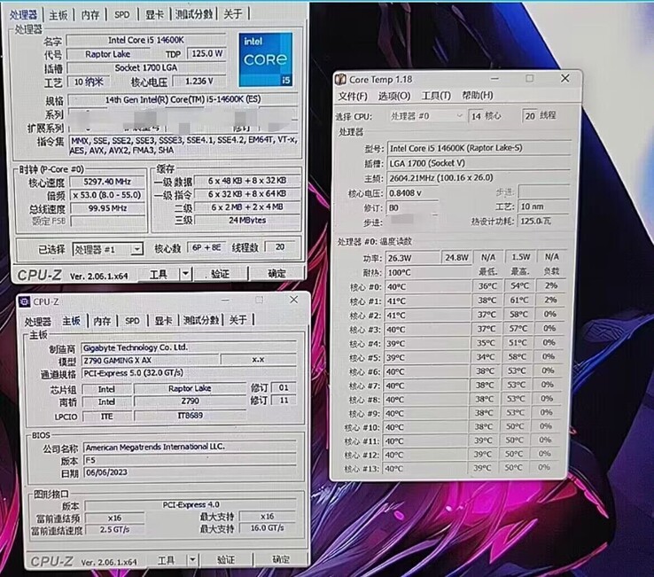 Informacje o procesorze Core i5-14600K CPU-Z i Core Temp. (Źródło: @9550pro na Twitterze)