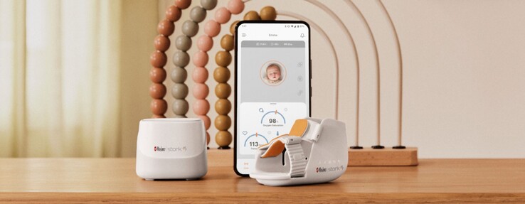 System monitorowania niemowląt Stork Vitals firmy Masimo jest wyposażony w opaskę, koncentrator i aplikację na smartfona. (Źródło: Masimo)
