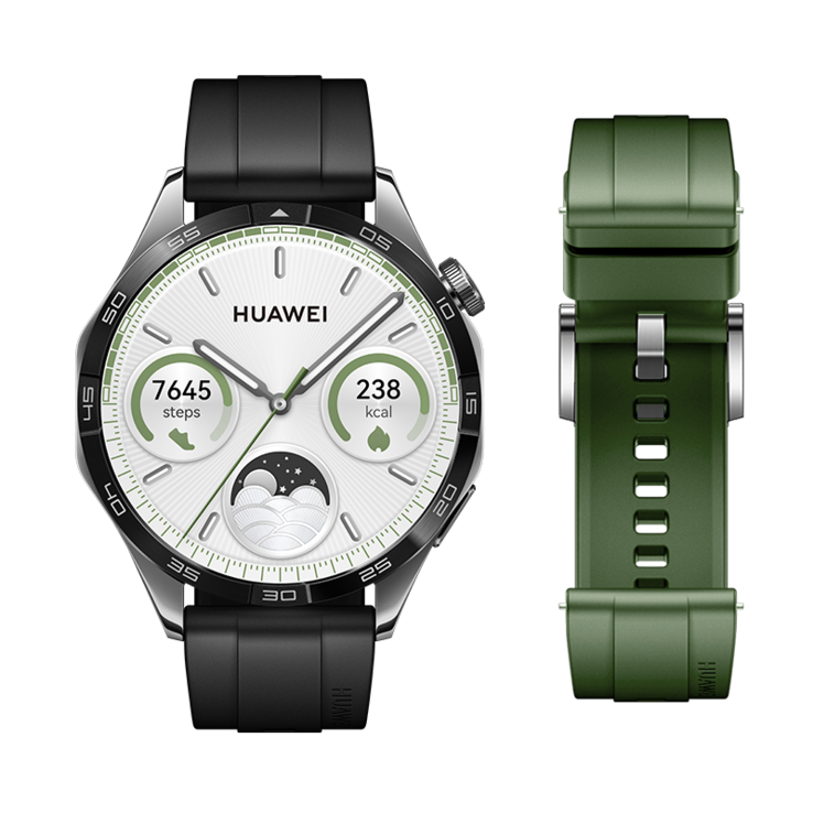 Huawei Watch GT 4 Spring Edition czarny pasek fluoroelastomerowy 46 mm + świerkowo-zielony pasek fluoroelastomerowy 2 w 1. (Źródło zdjęcia: Huawei)