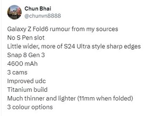 Nadchodzące przecieki Galaxy Z Fold 6 wskazują na stopniowe aktualizacje. (Źródło: Chun Bhai via Twitter)