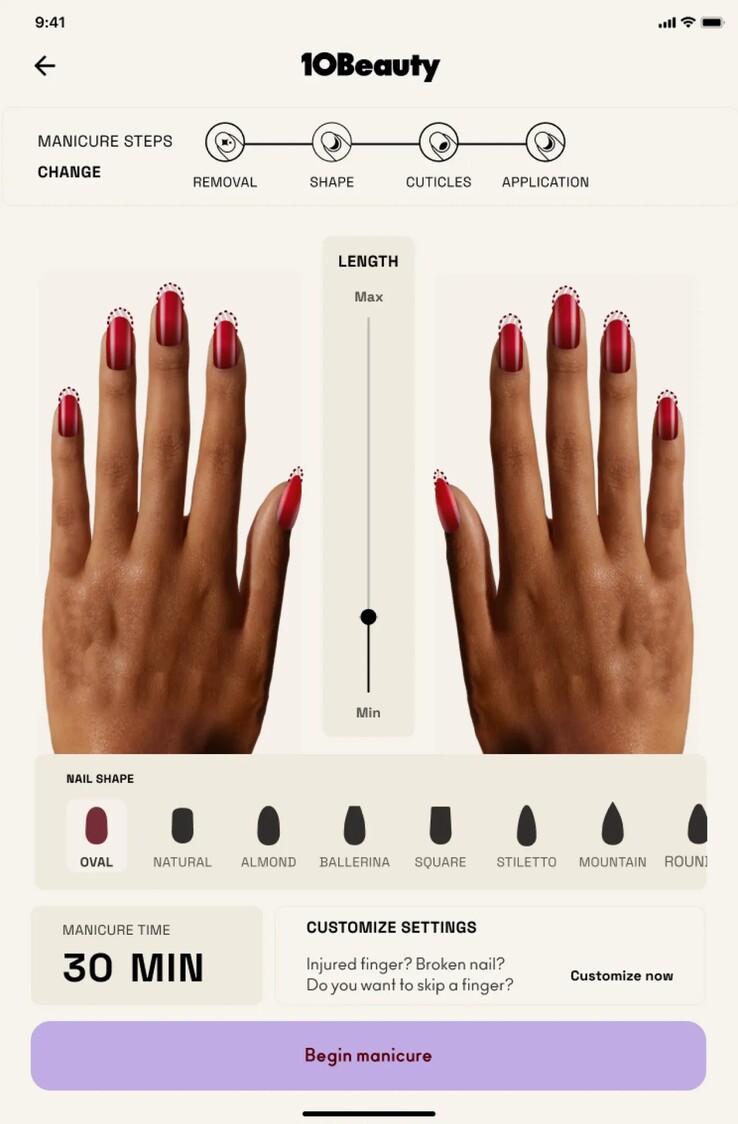 Wszystkie aspekty manicure 10Beauty, w tym długość cięcia, kształt końcówki i inne, można dostosować do własnych potrzeb. (Źródło: 10Beauty)