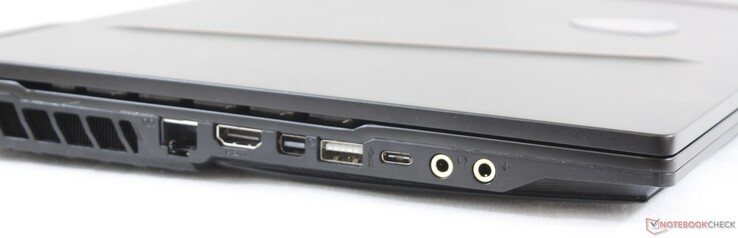 lewy bok: gniazdo blokady Kensingtona, LAN, mini DisplayPort, USB A 3.2 Gen 2, USB C 3.2 Gen 2, gniazdo audio