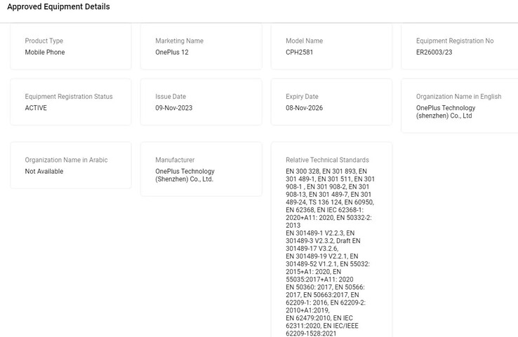 OnePlus 12 podobno znalazł się w bazie danych TDRA. (Źródło: TDRA via MySmartPrice)