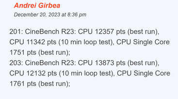 Wyniki testu porównawczego Cinebench R23 przed (201) i po (203) aktualizacji BIOS-u (źródło obrazu: UltrabookReview)