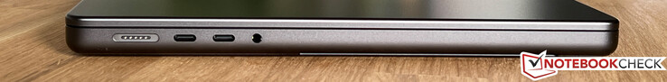 Lewa strona: MagSafe, 2x USB-C 4.0 z Thunderbolt 4 (40 Gb/s, DisplayPort-ALT tryb 1.4, Power Delivery), 3,5 mm stereo