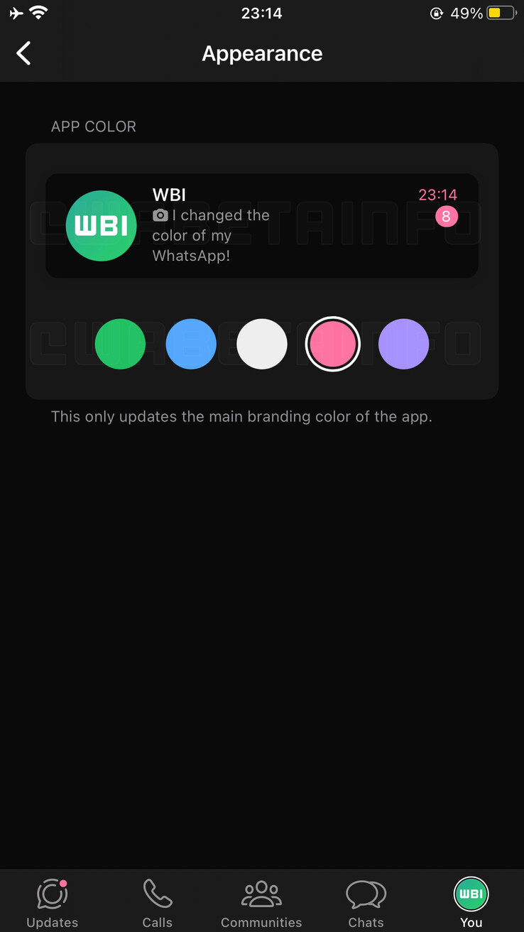 Dostosowanie kolorów motywu aplikacji zauważone w WhatsApp beta (źródło obrazu: WABetaInfo)