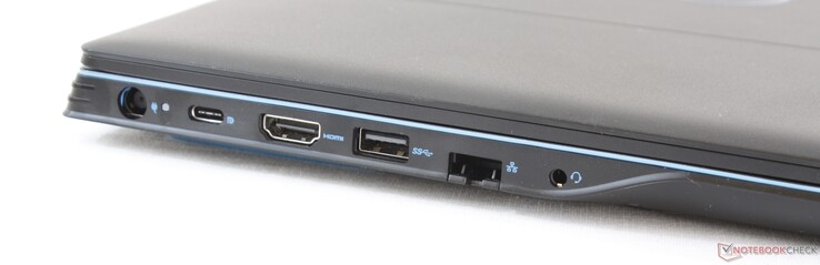 lewy bok: gniazdo zasilania, USB C + DisplayPort, HDMI 2.0, USB 3.1, RJ-45, gniazdo audio
