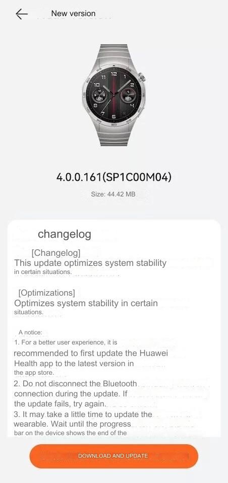 Dziennik zmian dla aktualizacji w wersji 4.0.0.161 dla Huawei Watch GT 4. (Źródło obrazu: Huawei.blog/Google Translate)