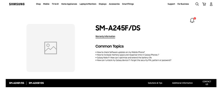 "Galaxy A24" został dostrzeżony jako nowy wpis w bazie Samsung Support. (Źródło: Samsung IN via SamMobile)