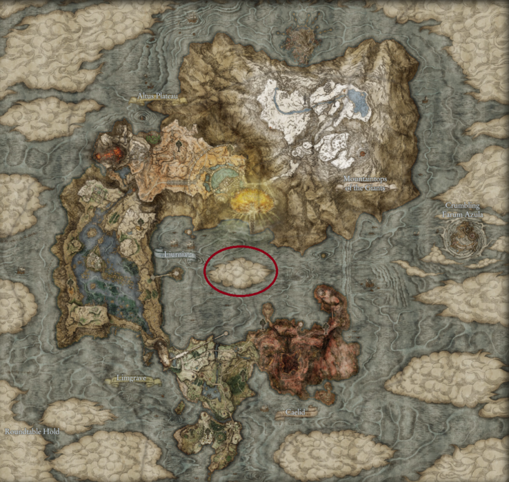 Potencjalna lokacja Shadow of the Erdtree w The Lands Between (zdjęcie za pośrednictwem Map Genie, edytowane)