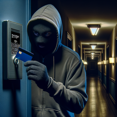 Przestępcy mogą otworzyć wszystkie drzwi zabezpieczone Saflok RFID na terenie nieruchomości za pomocą jednej karty kluczowej, aby utworzyć kartę główną. (Źródło: AI Image Dall-E 3)