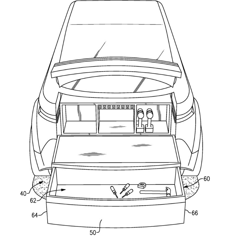 Wydaje się, że Ford zamierza wykorzystać bagażnik F-150 Lightning jako powierzchnię roboczą, biorąc pod uwagę całą jego praktyczną przestrzeń i funkcje. (Źródło zdjęcia: Publikacja amerykańskiego wniosku patentowego)