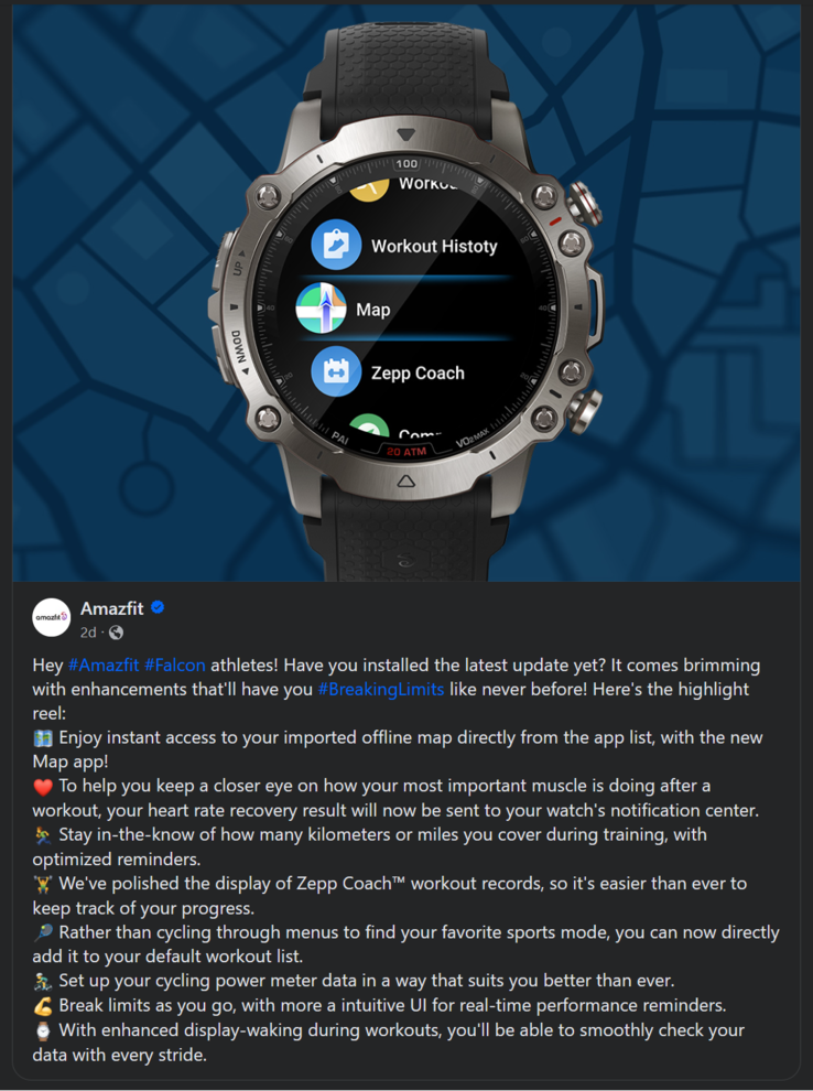 Dziennik zmian dla najnowszej aktualizacji smartwatcha Amazfit Falcon. (Źródło obrazu: Amazfit)