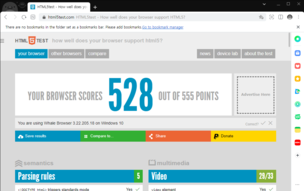Twoja przeglądarka uzyskała 528 punktów na 555 możliwych (Źródło obrazu: Zrzut ekranu z html5test.com)