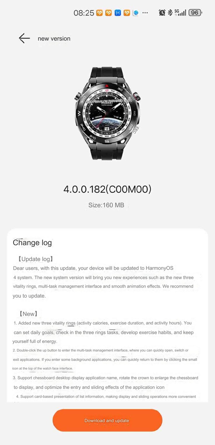 Część dziennika zmian dla oprogramowania Huawei Watch Ultimate w wersji 4.0.0.182(C00M00). (Źródło obrazu: Huawei Central via Google Translate)
