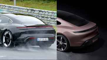 Wygląda na to, że Porsche dodało dodatkowe otwory wentylacyjne za tylnymi kołami nowego Porsche Taycan (po lewej). (Źródło zdjęcia: Auto Express / Porsche - edytowane)