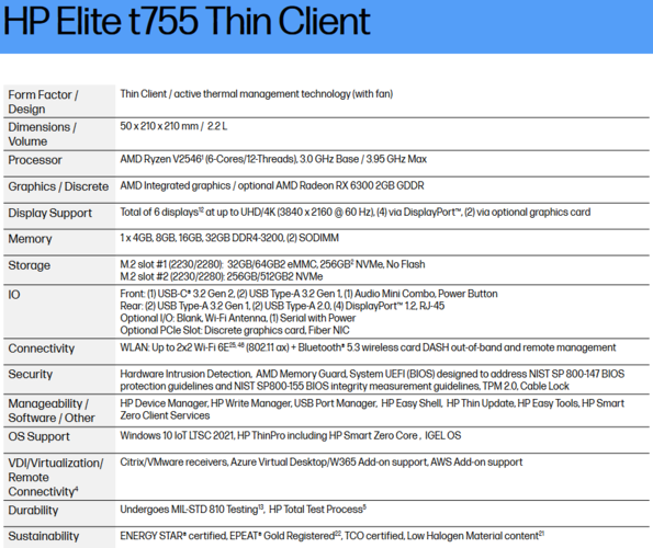 Specyfikacja HP Elite t755 Thin Client (zdjęcie za HP)