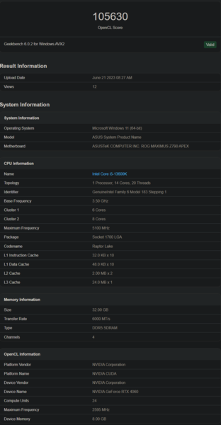 Wydajność Nvidia GeForce RTX 4060 OpenCL (zdjęcie za pośrednictwem Geekbench)