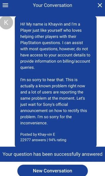 Odpowiedź pomocy technicznej PlayStation (zdjęcie za pośrednictwem u/Cheap_Pipe_8578 na Reddit)