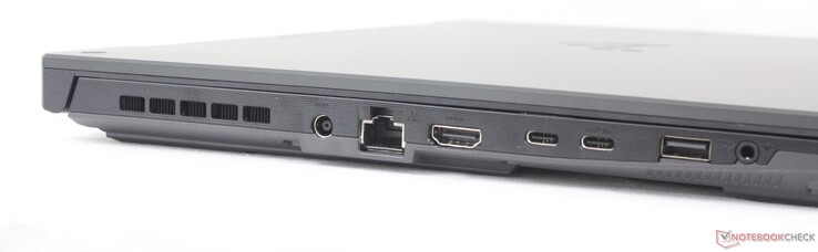 Po lewej: zasilacz sieciowy, Gigabit RJ-45, HDMI 2.1, 1x USB-C 3.2 Gen. 2 z DisplayPort + Power Delivery + G-Sync, 1x USB-C 4.0, 1x USB-A 3.2 Gen. 1, zestaw słuchawkowy 3,5 mm