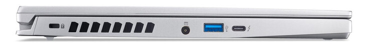Lewa strona: Gniazdo na blokadę kabla, złącze zasilania, USB 3.2 Gen 2 (USB-A), Thunderbolt 4 (USB-C; Power Delivery, Displayport)