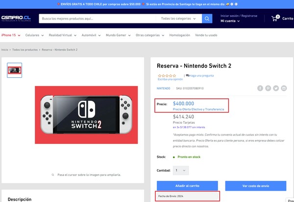 Strona rezerwacji Nintendo Switch 2. (Źródło obrazu: GSMPRO.CL)