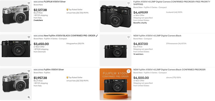 Niektóre aukcje w serwisie eBay dotyczące zamówień przedpremierowych na Fujifilm X100VI oczekują, że kupujący zapłacą za ten kompaktowy aparat nawet 4800 USD. (Źródło zdjęcia: eBay)