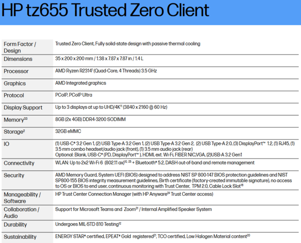 Specyfikacja zaufanego klienta HP tz655 (zdjęcie za HP)