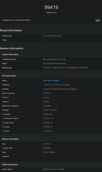 Wydajność Nvidia GeForce RTX 4060 Vulkan (zdjęcie za pośrednictwem Geekbench)