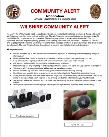 Policja w Los Angeles ostrzega właścicieli domów przed złodziejami wykorzystującymi zagłuszacze Wi-Fi do łatwego omijania domowych systemów bezpieczeństwa. (Źródło: LAPD na X)