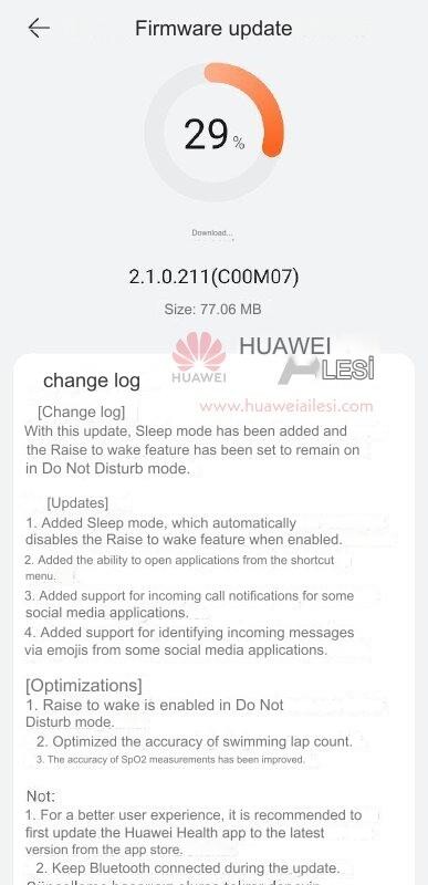 Dziennik zmian oprogramowania Huawei Watch Fit 2 w wersji 2.1.0.211. (Źródło obrazu: Huawei Ailesi z Tłumaczem Google)