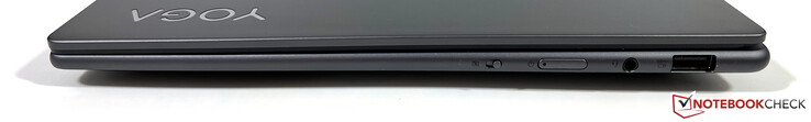 Po prawej stronie: Kamera internetowa eShutter, przycisk zasilania, gniazdo audio 3,5 mm, USB-A 3.2 Gen 1 (5 GBit/s, zasilane)
