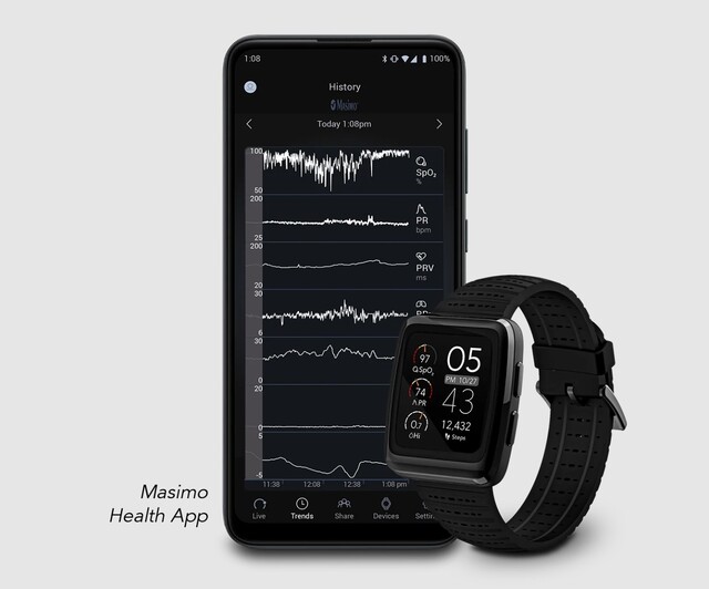 Parametry życiowe Masimo W1 mogą być rejestrowane na smartfonach i zdalnie przeglądane w czasie rzeczywistym przez lekarzy. (Źródło: Masimo)