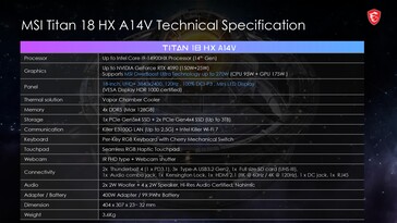 MSI Titan 18 HX - specyfikacja. (Źródło obrazu: MSI)