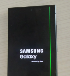 Jedna ze zgłoszonych jednostek Galaxy S24 Ultra z pionową zieloną linią. (Źródło: u/Independent-Bet-4916)