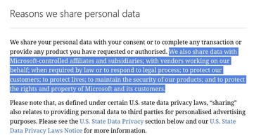 Strona z oświadczeniem o prywatności Microsoftu jest dość niejasna w kwestii tego, co firma dzieli z kim i dlaczego. (Źródło obrazu: Microsoft)