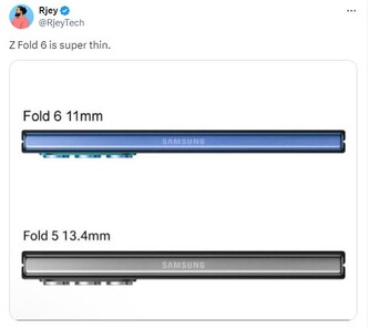 Mając zaledwie 11 mm grubości, nadchodzący Z Fold 6 ma być jak dotąd najcieńszym Galaxy Z Fold. (Źródło: Rjey via Twitter)