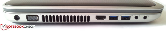 lewy bok: gniazdo zasilania, VGA, wylot powietrza z układu chłodzenia, HDMI, USB 3.0 (z funkcją Power Share), USB 3.0, 2 gniazda audio