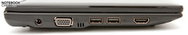 lewy bok: gniazdo zasilania, VGA, 2x USB 2.0, HDMI