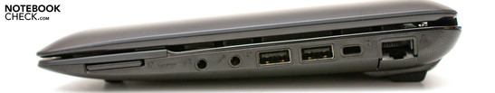 prawy bok: czytnik kart, gniazda audio, 2x USB, blokada Kensingtona, modem