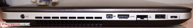 lewy bok: gniazdo zasilana, wylot powietrza z układu chłodzenia, mini DisplayPort, HDMI, LAN, USB 3.0, USB 3.0 typu C