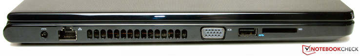 lewy bok: gniazdo zasilania, LAN, wylot powietrza z układu chłodzenia, VGA, USB 3.0, czytnik kart pamięci