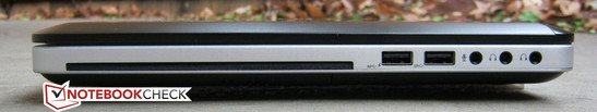 lewy bok: szczelinowy napęd DVD, 2 USB 3.0 (charging port z lewej), 3 gniazda audio lewy bok: szczelinowy napęd DVD, 2 USB 3.0 (charging port z lewej), 3 gniazda audio