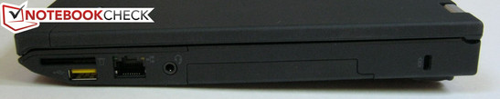 prawy bok: czytnik kart pamięci, USB 2.0 (Always-On USB), LAN (Gigabit Ethernet), gniazdo audio, kieszeń dysku 2,5", gniazdo blokady Kensingtona