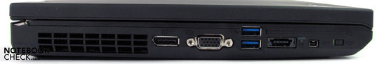 lewy bok: DisplayPort, VGA, 2 USB 3.0, eSATA/USB 2.0, FireWire, wyłącznik modułów łączności
