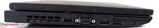 lewy bok:  otwory wentylacyjne, USB 2.0, VGA, DisplayPort, USB 2.0, ExpressCard/54, przełącznik łączności bezprzewodowej