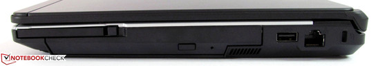 prawy bok: ExpressCard/54, napęd optyczny (DVD), USB 2.0, LAN (Gigabit Ethernet), gniazdo blokady Kensingtona
